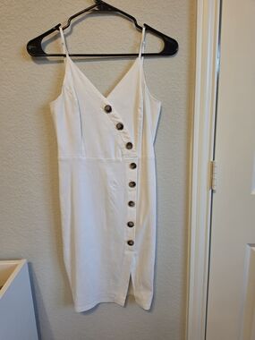 White Button-Front Spaghetti Strap Midi Dress